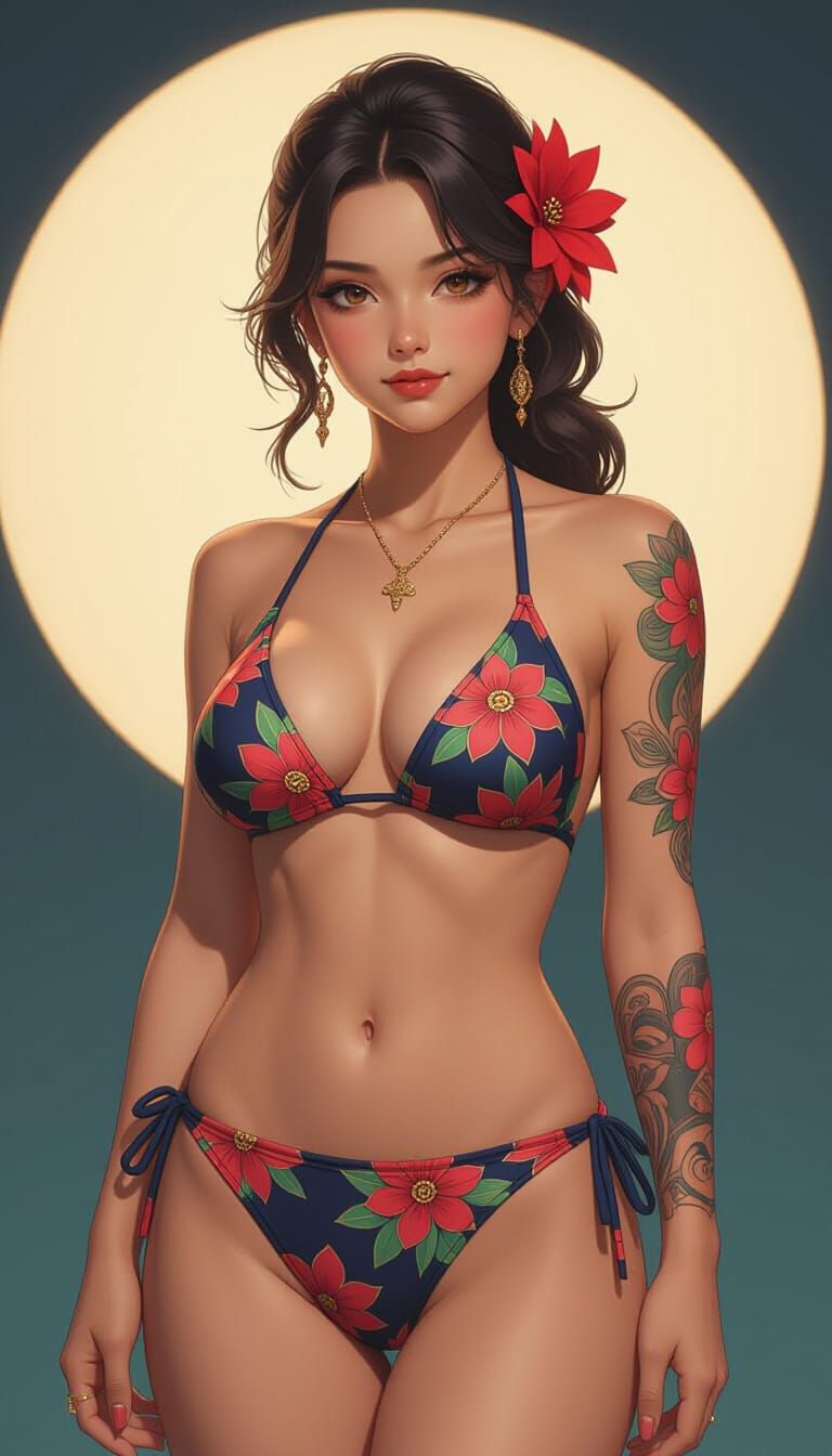 Bikini Model with Japanese Tattoos in Art Nouveau Style