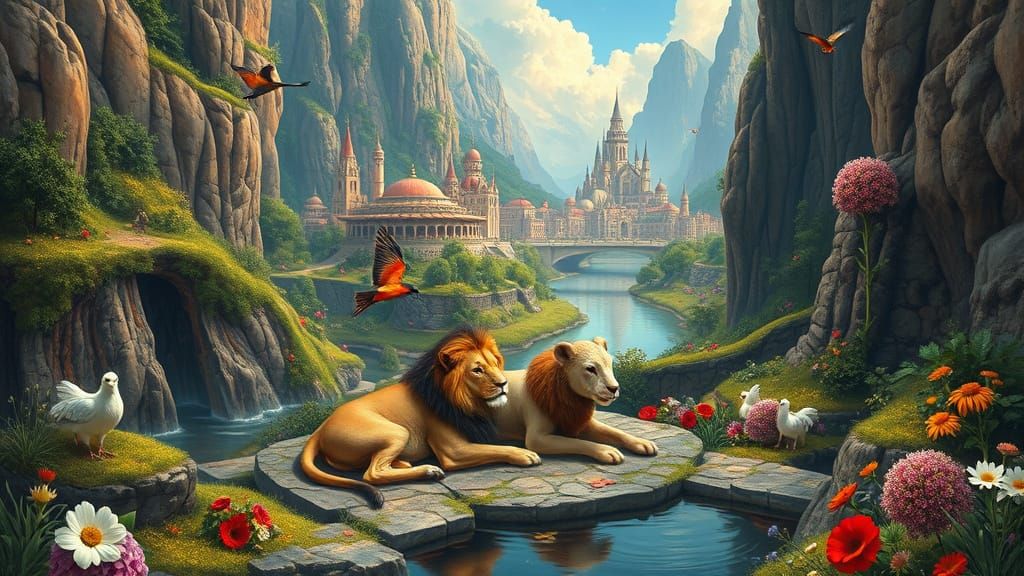 Luminous Canyon Oasis in Vibrant Oil Painting Style