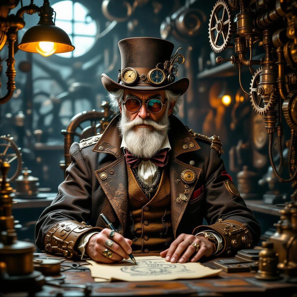 Steampunk Inventor in Workshop, Syd Mead Style