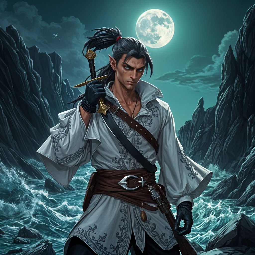 Epic Dark Elf Pirate in High Fantasy Coastal Landscape