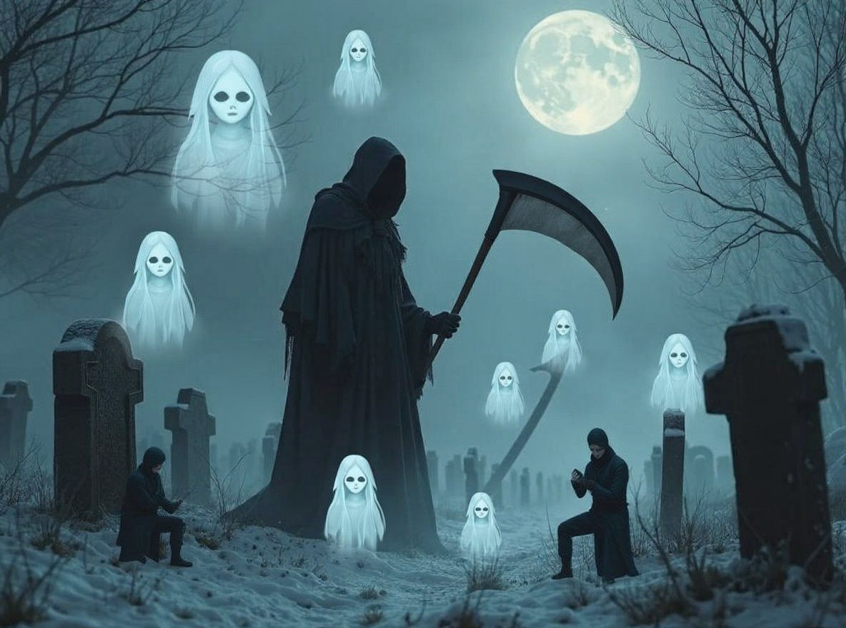 Moonlit Cemetery with Grim Reaper and Spirits