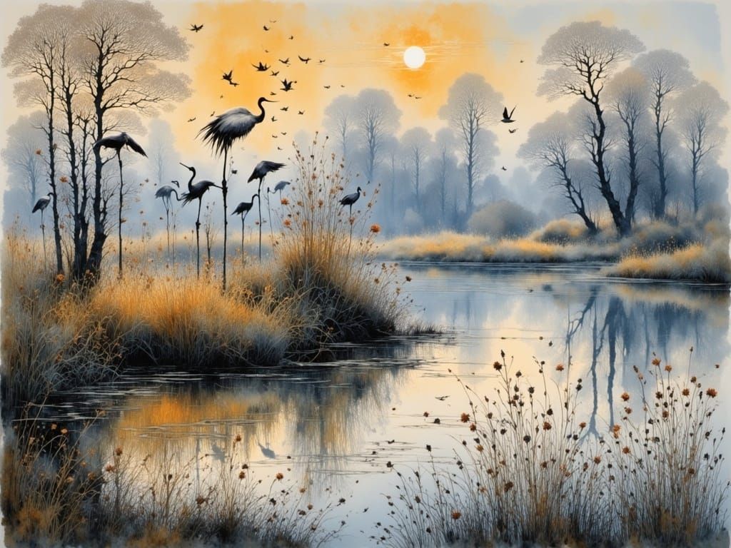 Cranes in Evening Light on Reed Shore