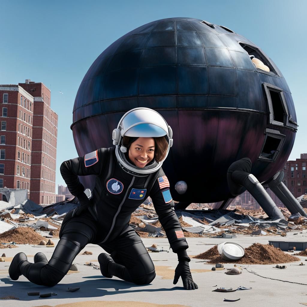 Astronaut Twerking by Spaceship in Abandoned City