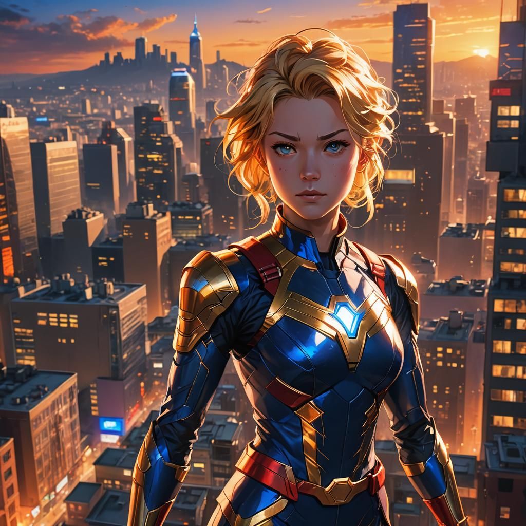 Heroic Anime Superheroine Shines in Sunset Cityscape