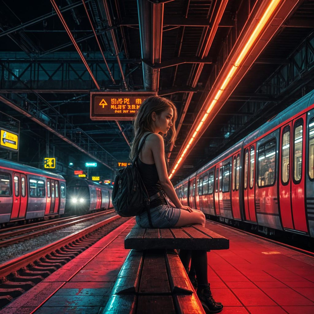 Girl Waits at Subway Station at Night