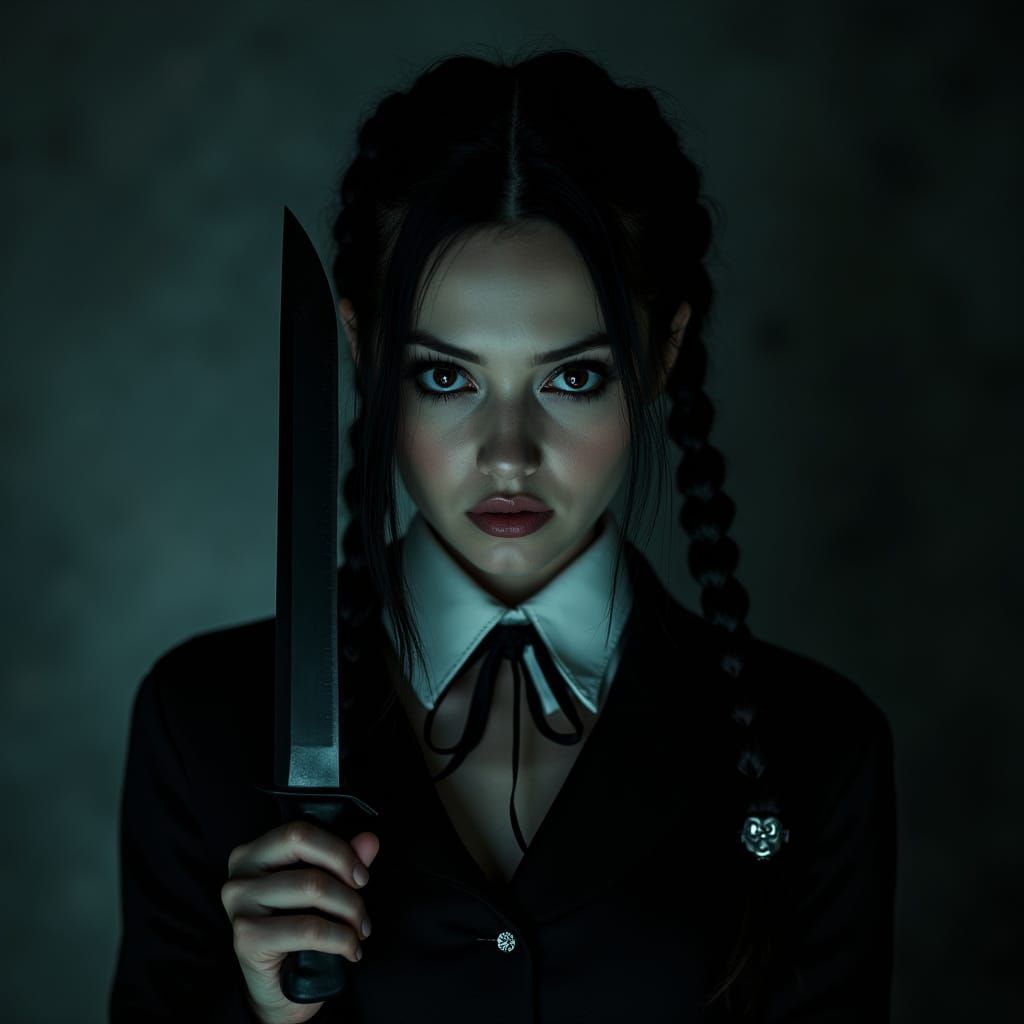 Hyperrealistic Gothic Mila Kunis as Wednesday Addams with Ra...