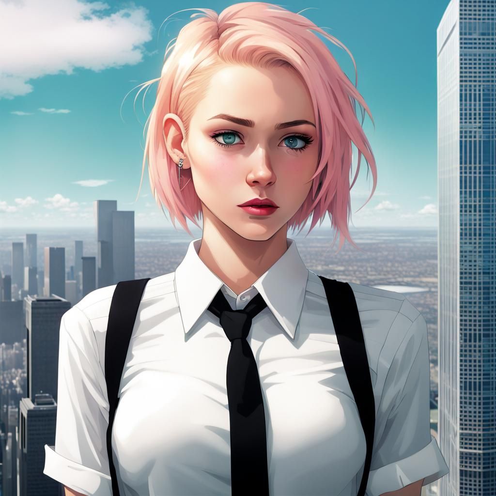 Blonde Girl on Skyscraper in Comic Book Style