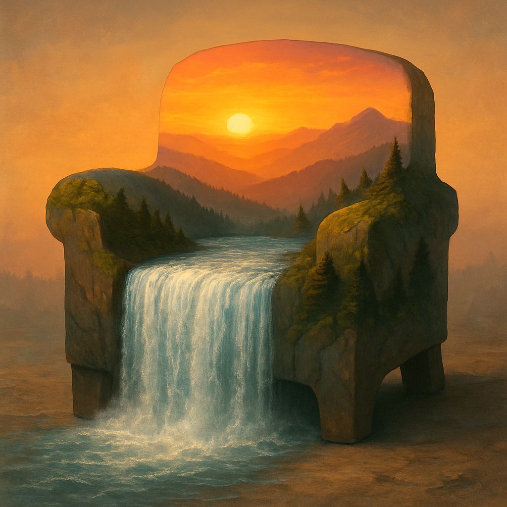 Surreal Armchair Transforms into Whimsical Waterfall Scene