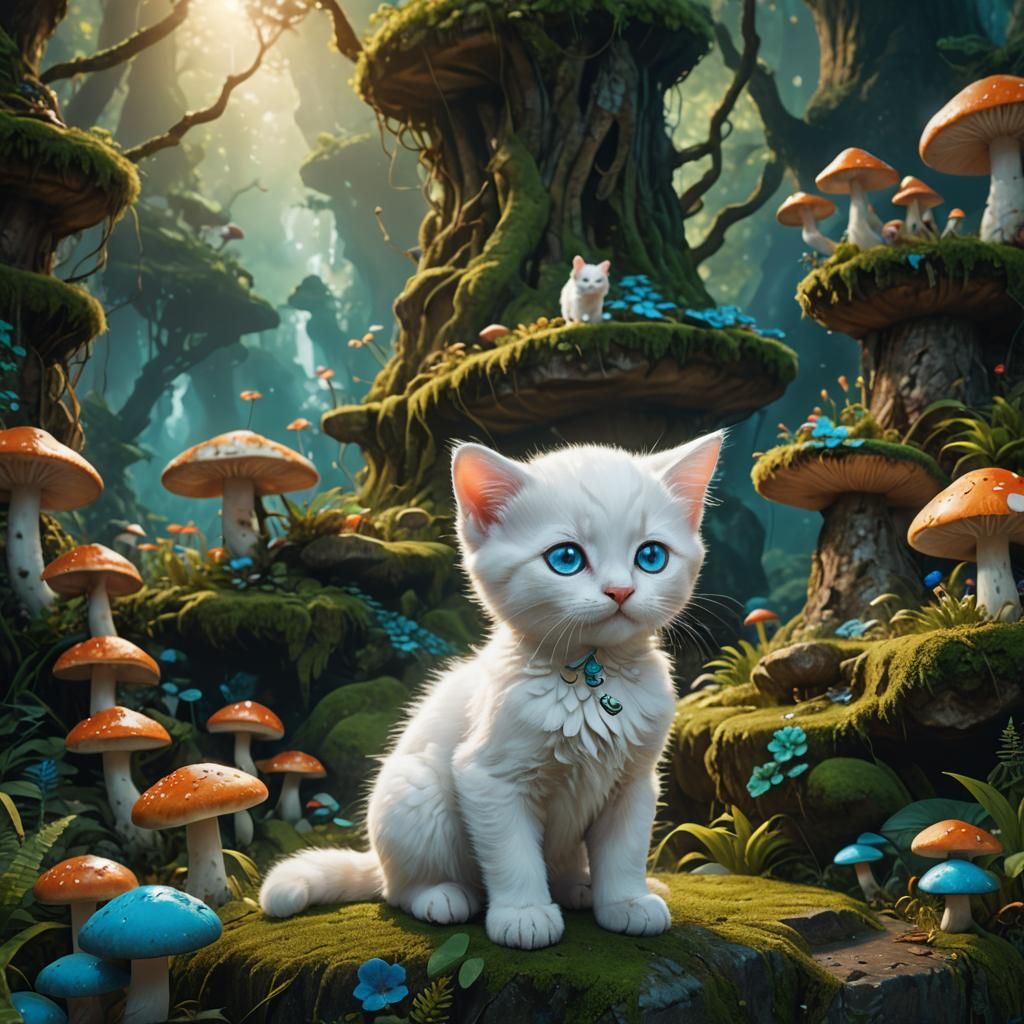 White Kitten on Mossy Stone in Digital Painting
