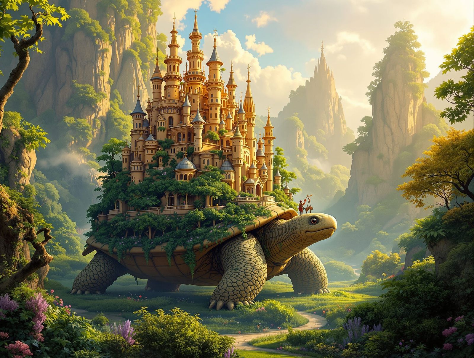 Majestic Castle on Colossal Tortoise in Miyazaki Style