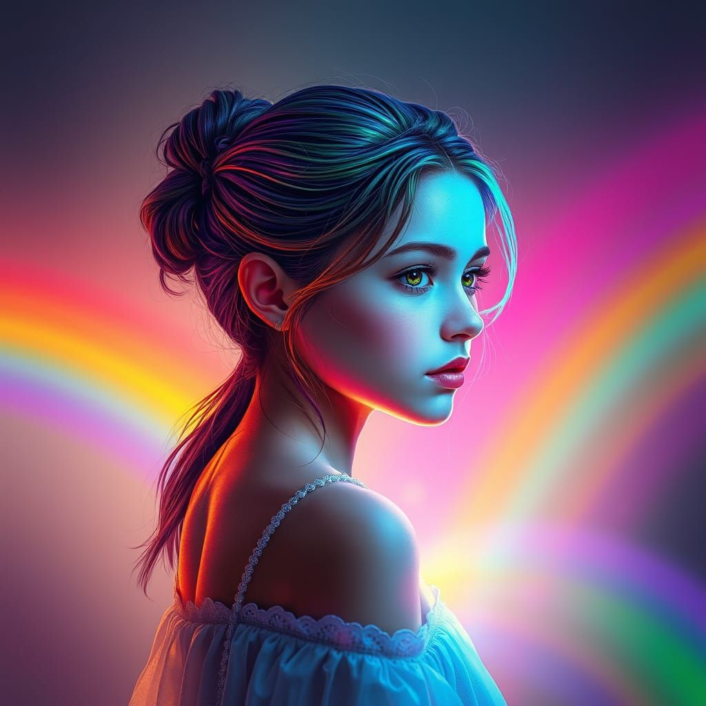 Youthful Girl Walking Along a Vibrant Rainbow