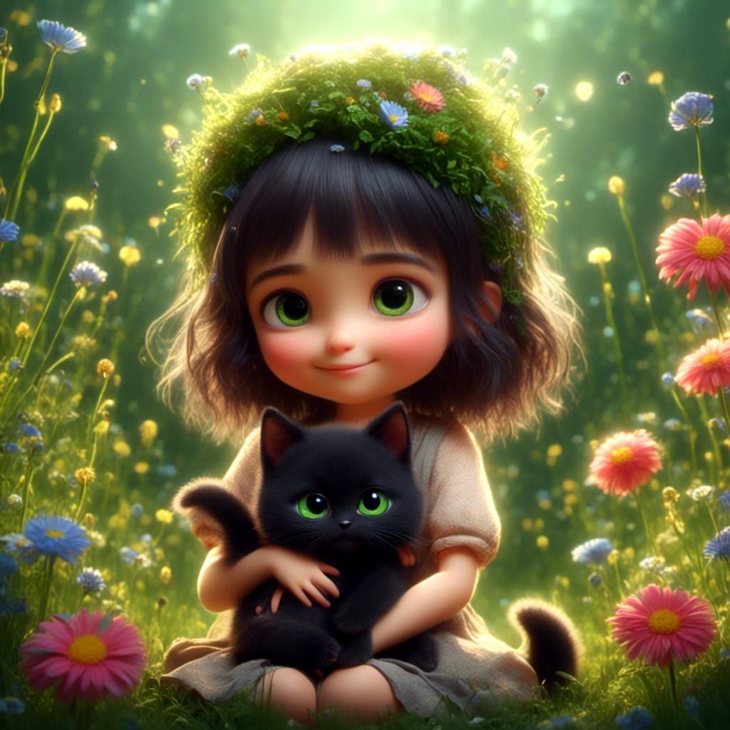 Adorable Fairy and Kitten in Anime Style