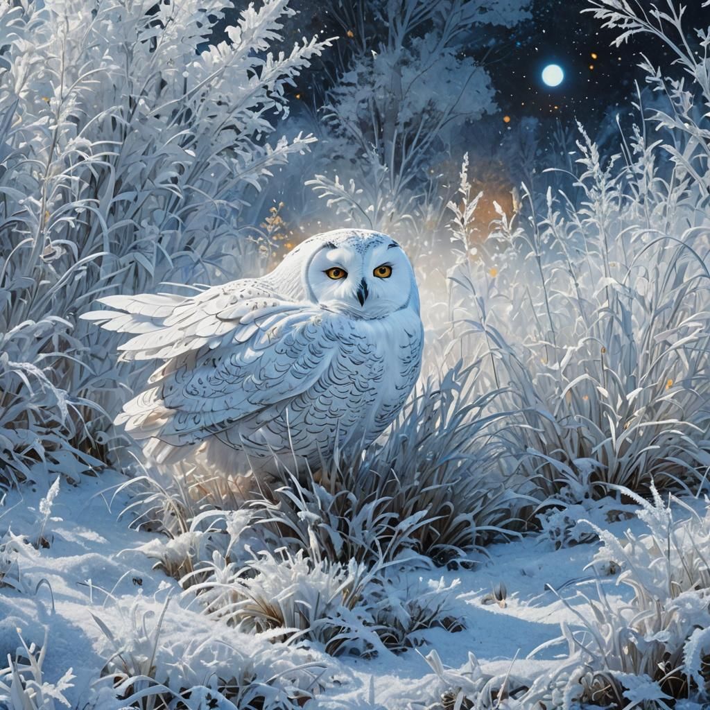 White Owl on Snowy Grass in Pixar Style