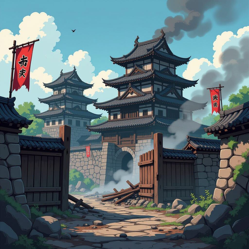 Anime Illustration of Burned Japanese Castle Ruins