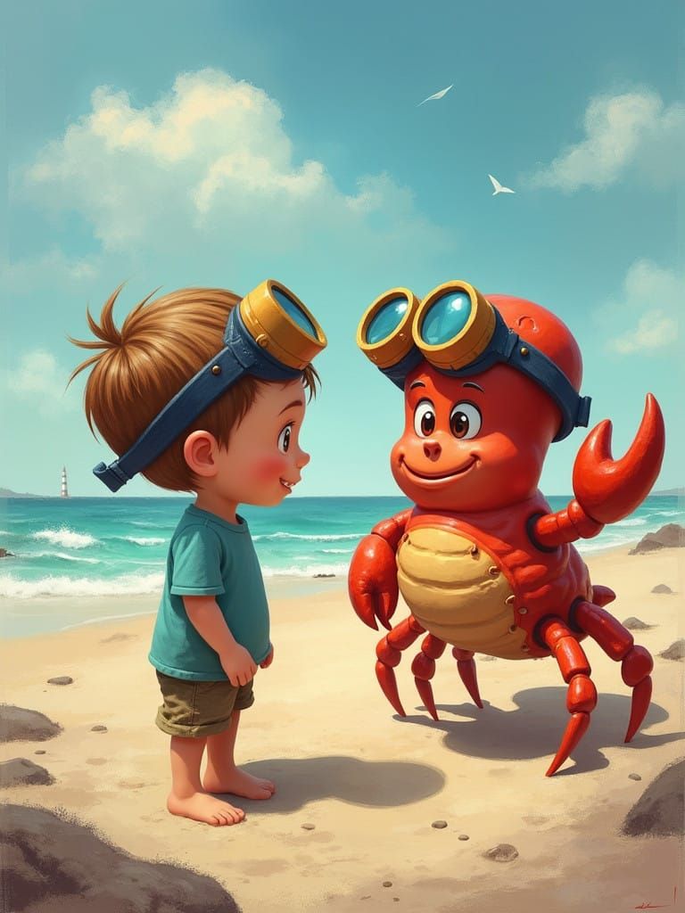 Humorous Beach Scene with Goggles and Crab