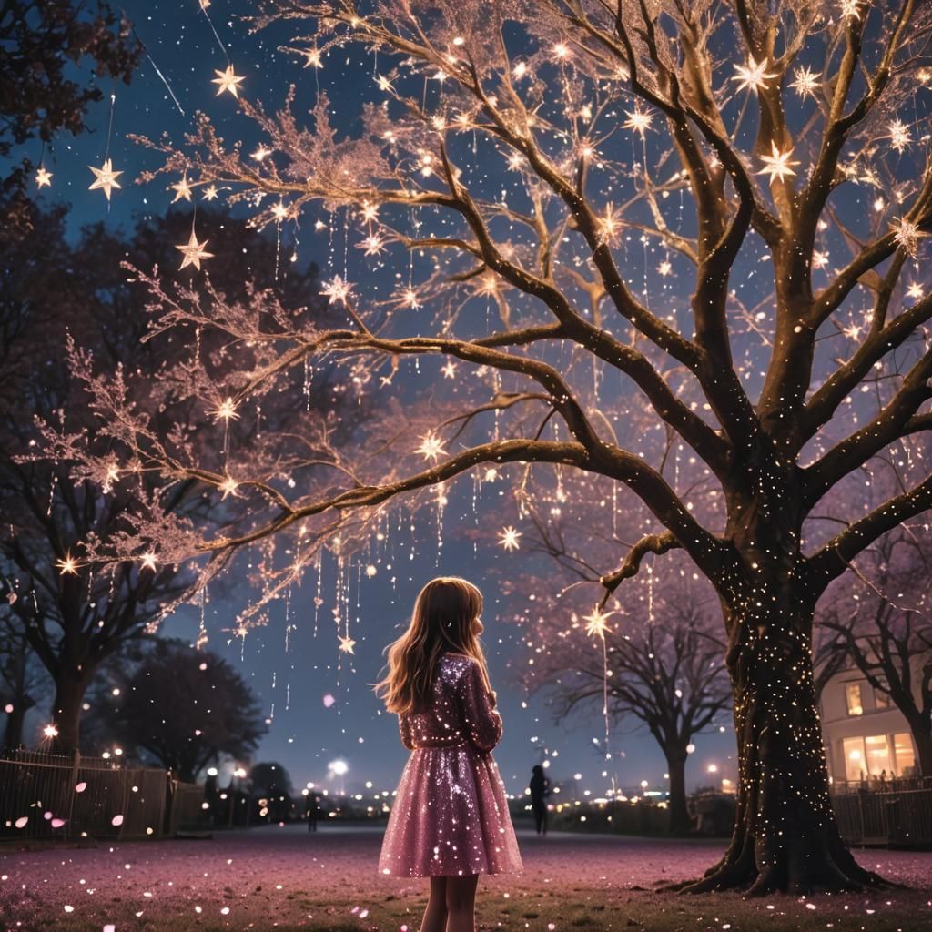 Enchanted Twilight: Girl Under Glittering Tree