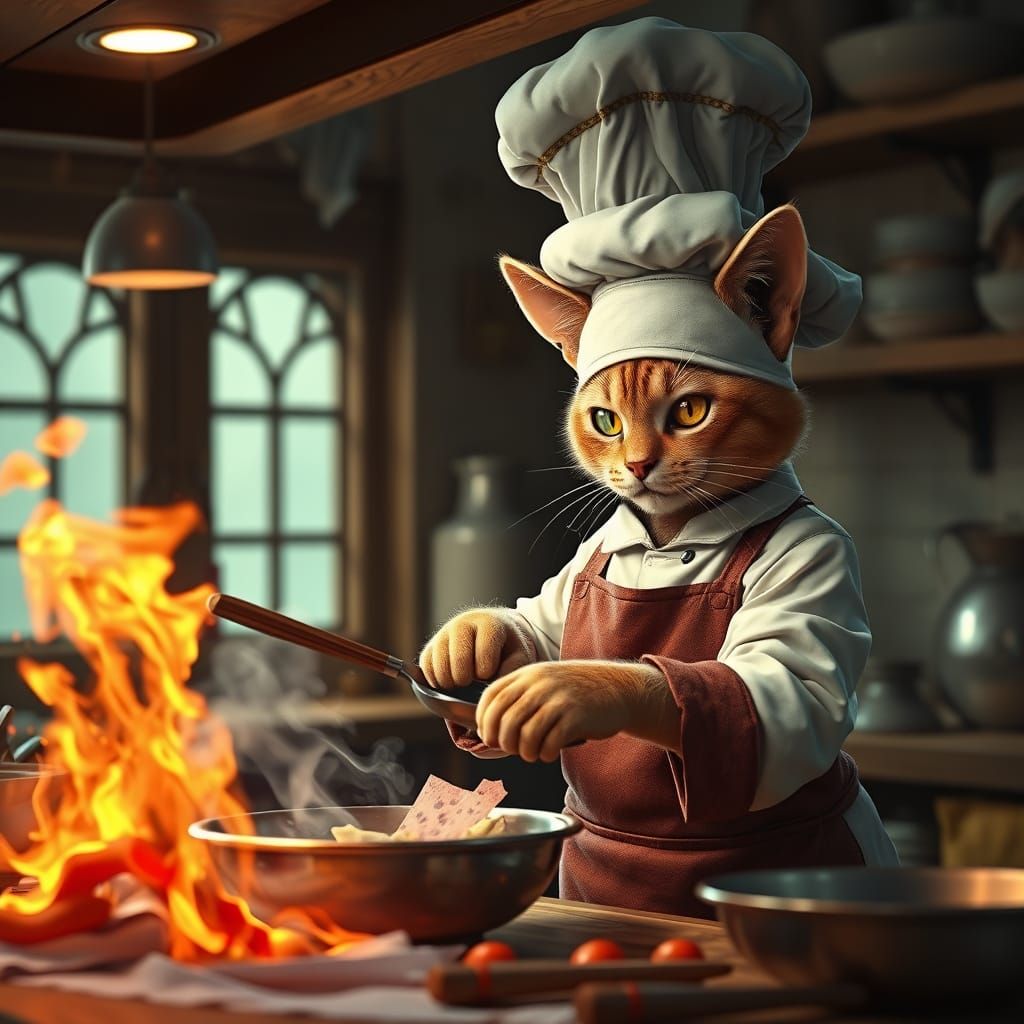 Fantastical Chef Cat in a Vibrant Kitchen Scene