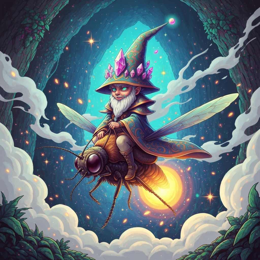 Gnome Rides Firefly Through Psychedelic Grotto