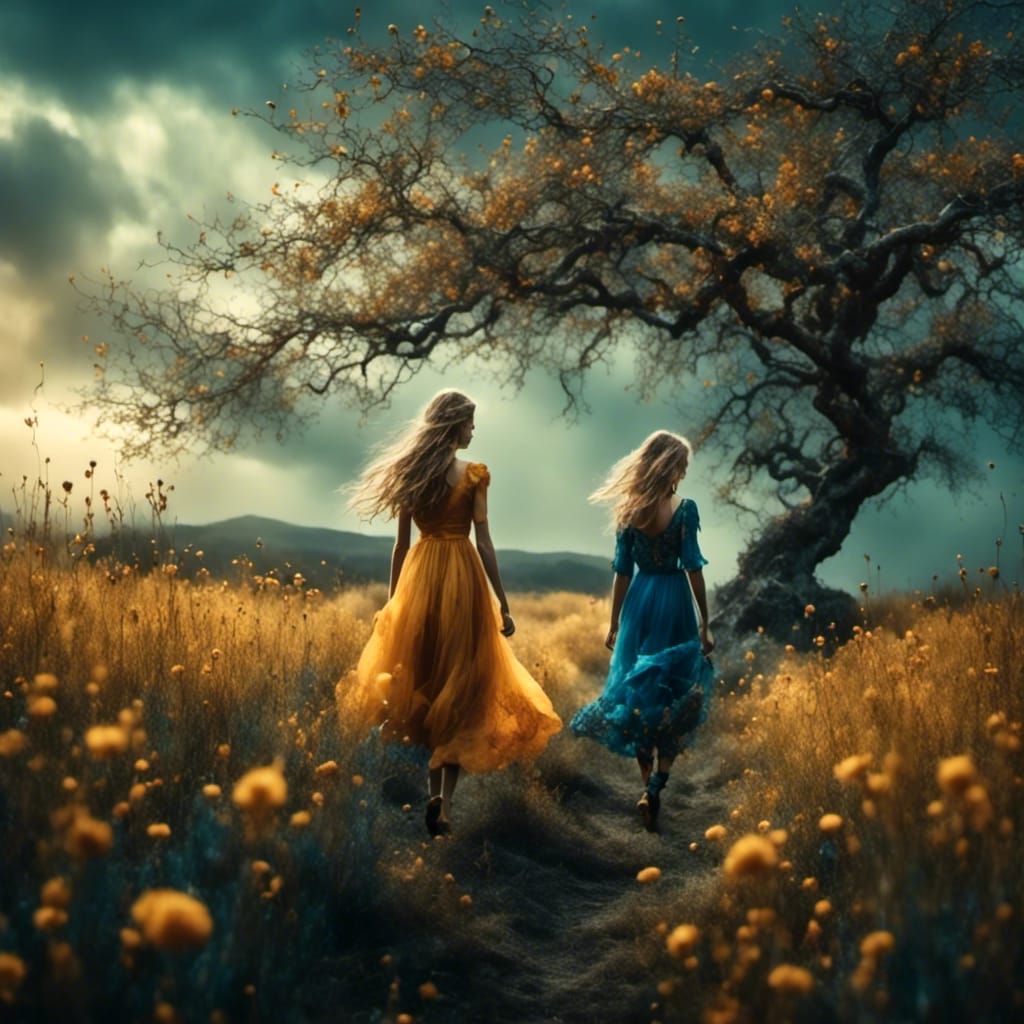 Girl in Field with Ethereal Trees in Dark Fantasy