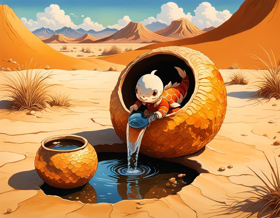 Koi Creature Drinks in Desert: Manga Style