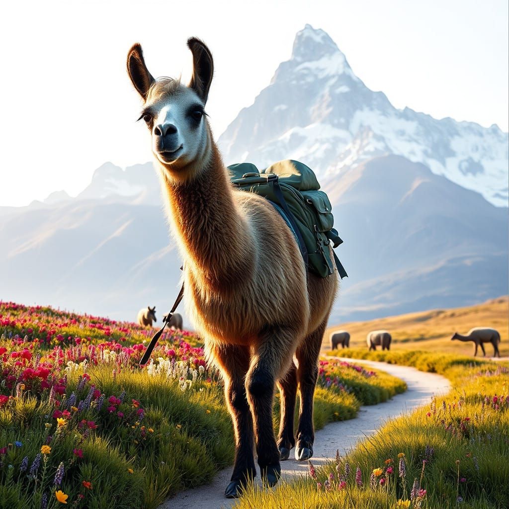 Llama Embarks on Solo Trek Amidst Vibrant Field Flowers and...