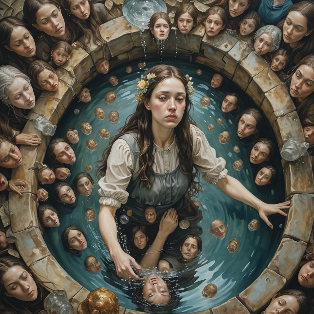 Surreal Descent: Girl Falls into Portrait-Lined Well