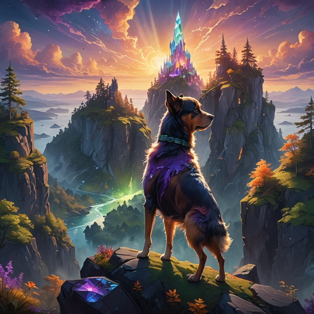 Dog Overlooks Magical Island in Cinematic Fantasy Art