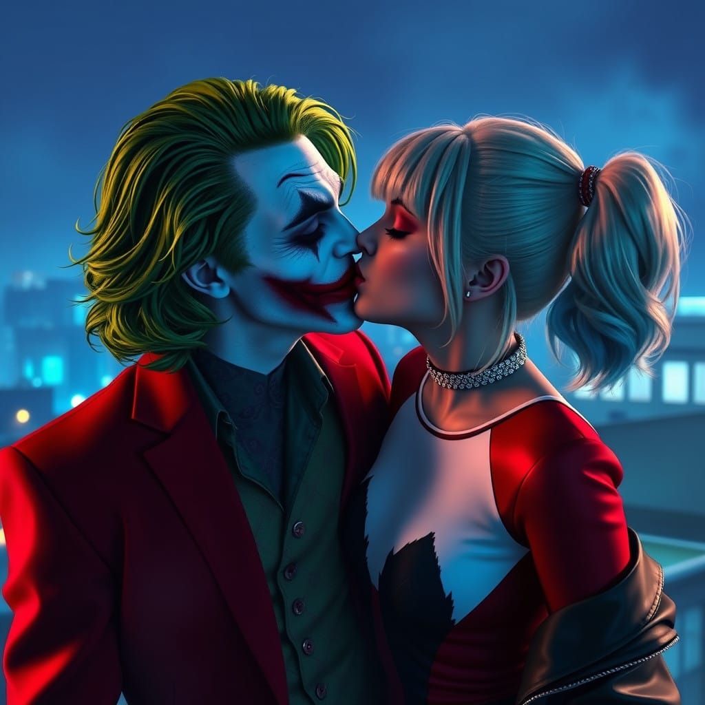 Ethereal Joker Kissing Harley Quinn in a Hyperdetailed Fanta...