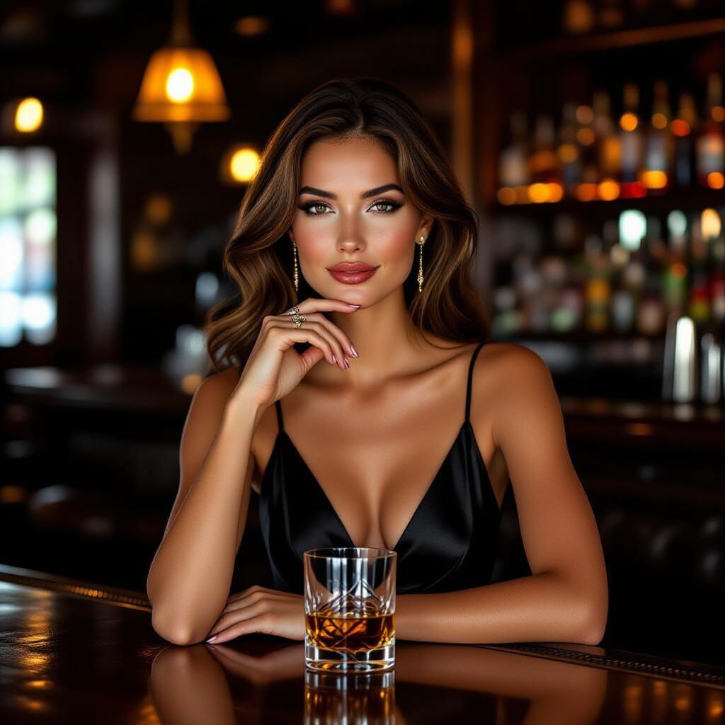 Woman at Cocktail Bar in Silk Dress with Whiskey