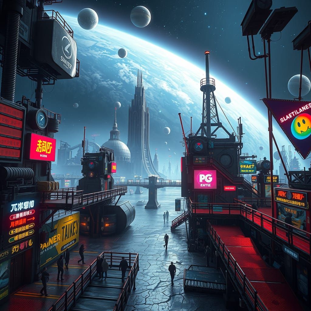 Cyberpunk Space Station with Neon Lights and Holograms