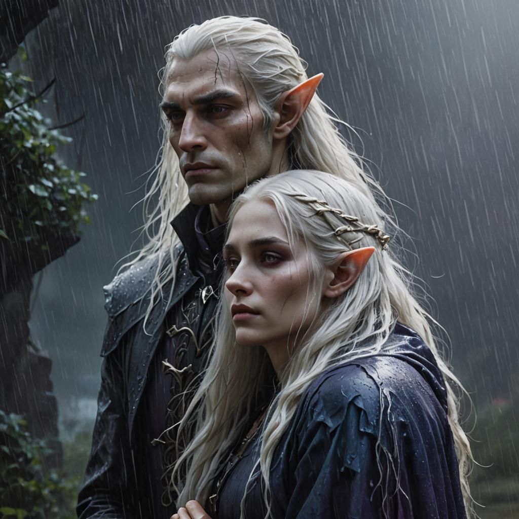 Gothic Fantasy Elf Protects Woman in Rain