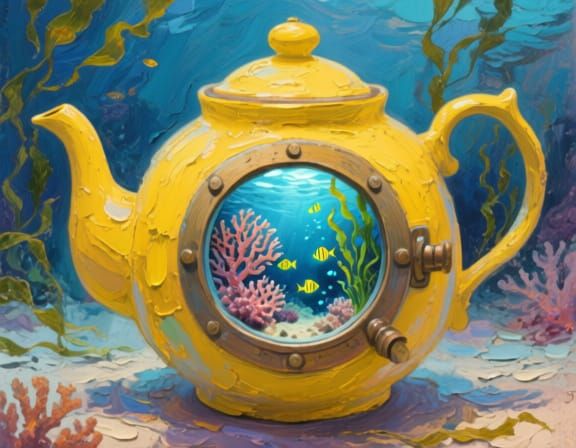 Yellow Teapot With Underwater World in Gouache Style