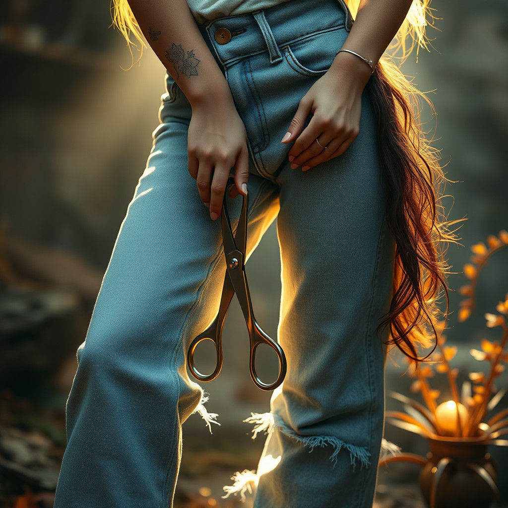 Girl Modifying Jeans in Dreamlike Fantasy Art