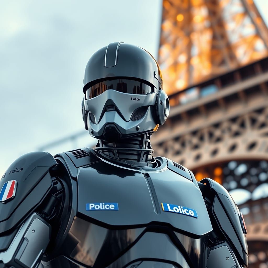 Robocop in Front of Eiffel Tower with French Police Badges