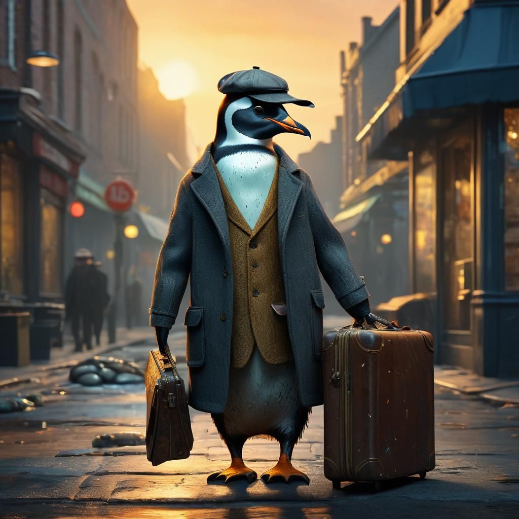 Penguin Street Vendor with Fish, in Street Art Style