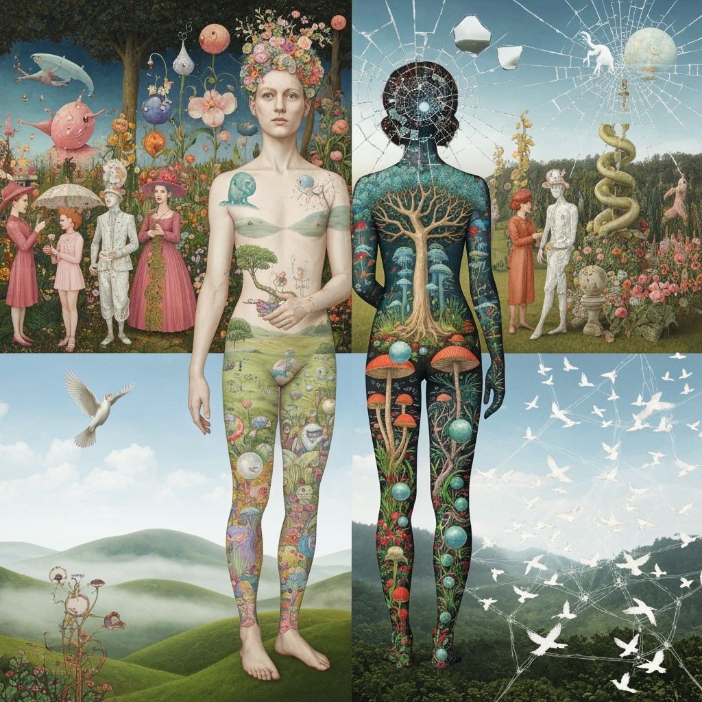 Surreal Garden Party in Dreamlike Mixed-Media Style