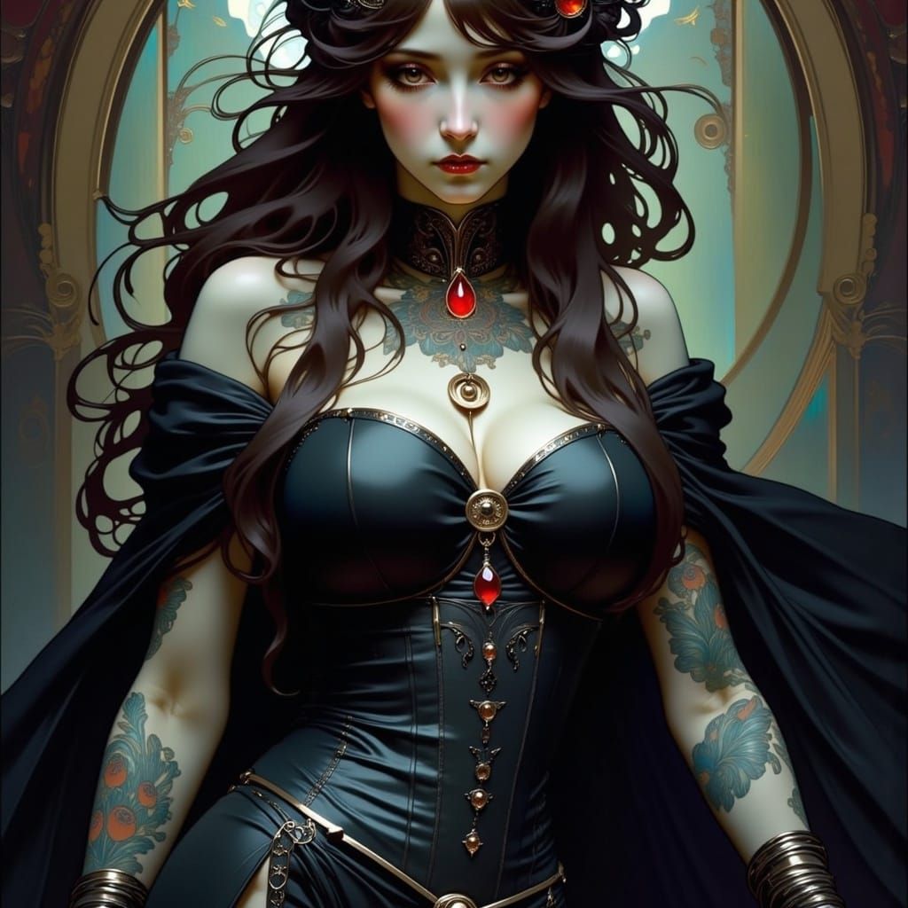 Gothic Enchantress with Metallic Claws in Art Nouveau Style