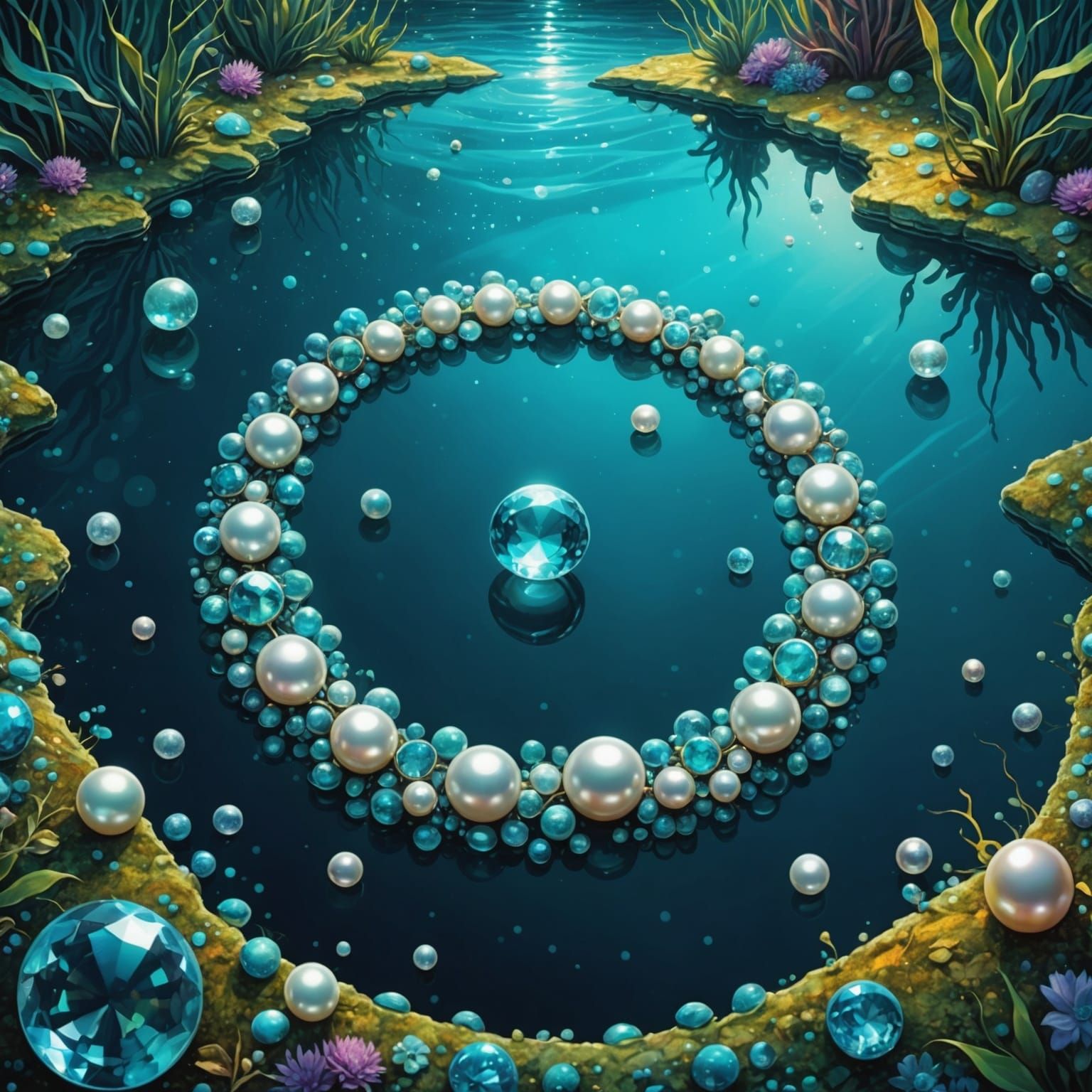 Pearls and Aquamarine Astral Illustration in Holographic Sty...