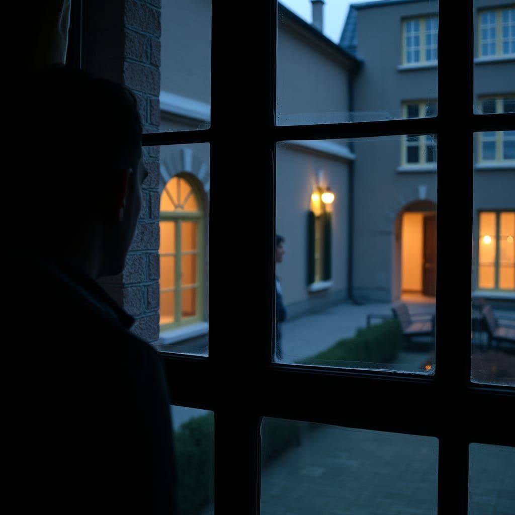 Mysterious Figure Reflected in Twilight Window