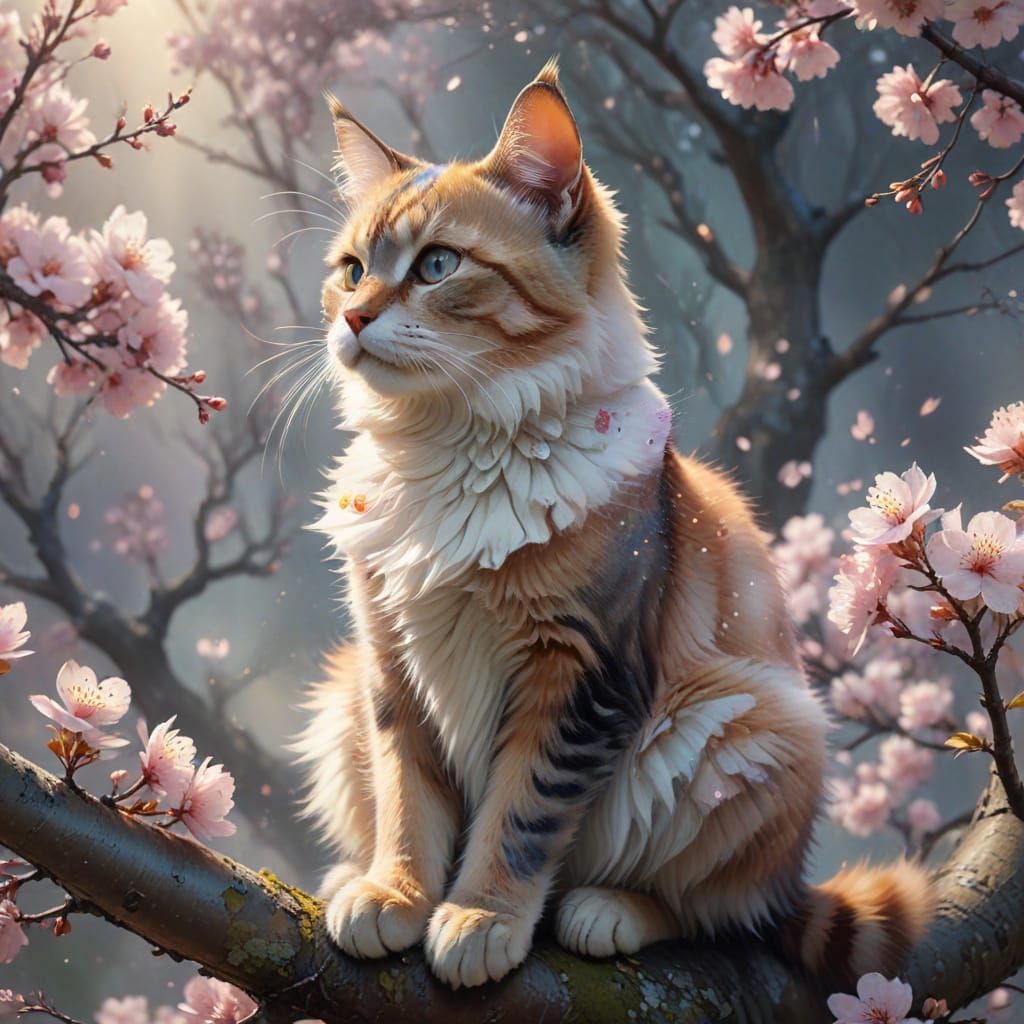 Cat on Blossom Tree in Expressive Watercolor Style