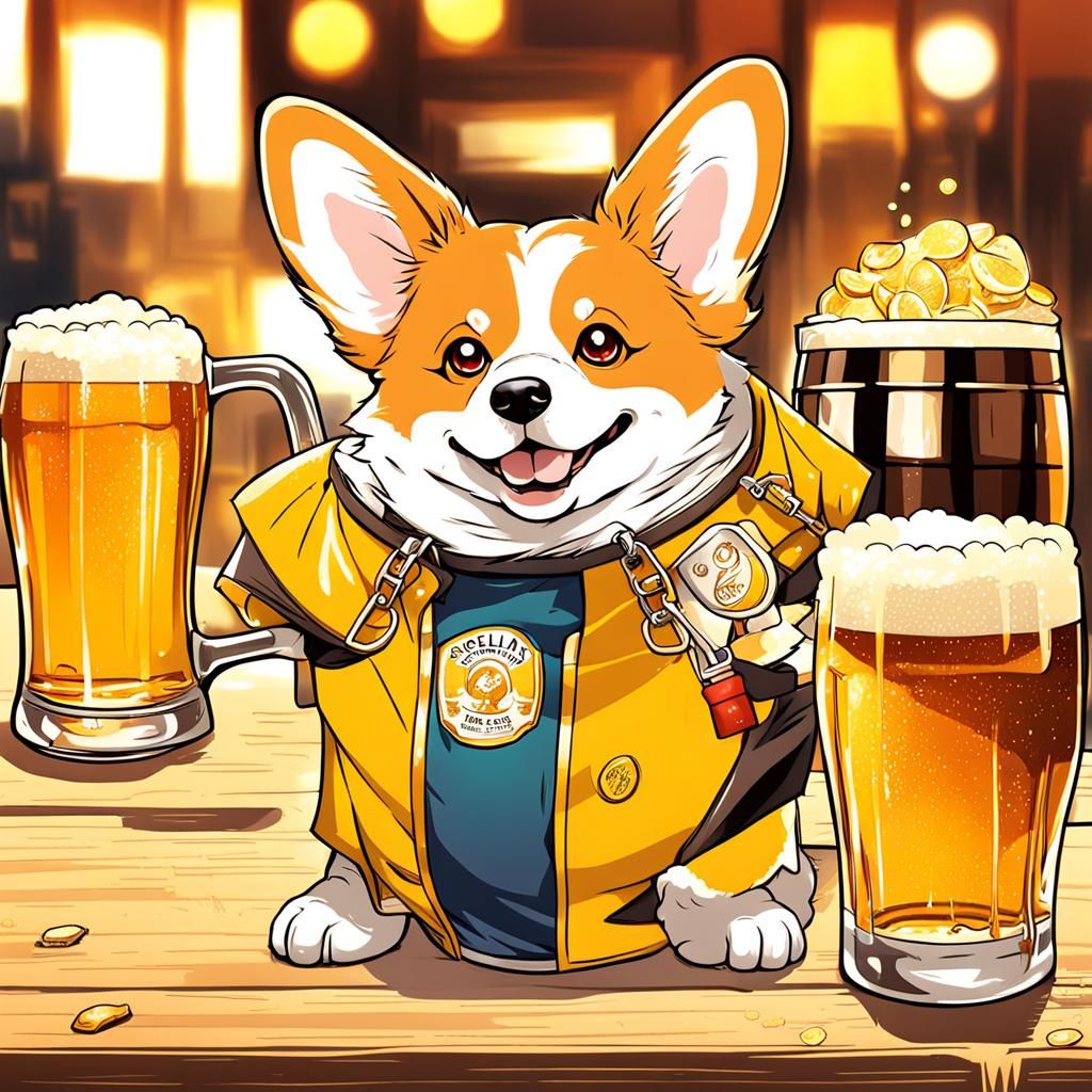 Corgi with Beer in Anime Manga Style