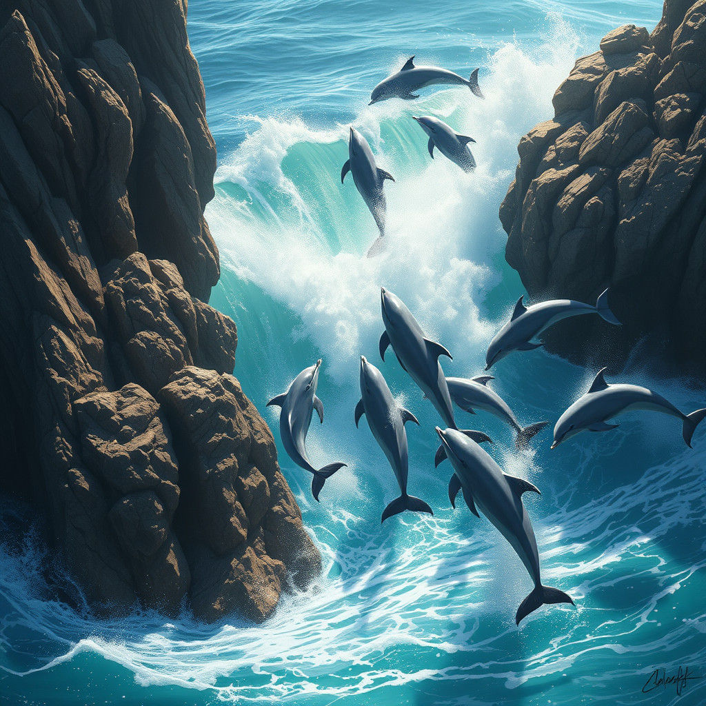 Ocean Dolphins Leaping in Turquoise Waves: Matte Painting