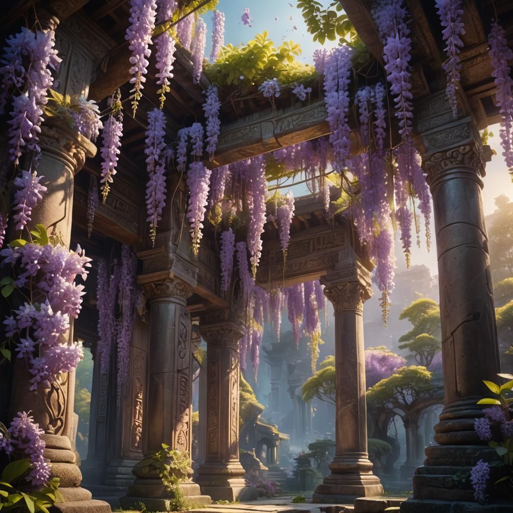 Blooming Wisteria in Mystical Ancient Temple