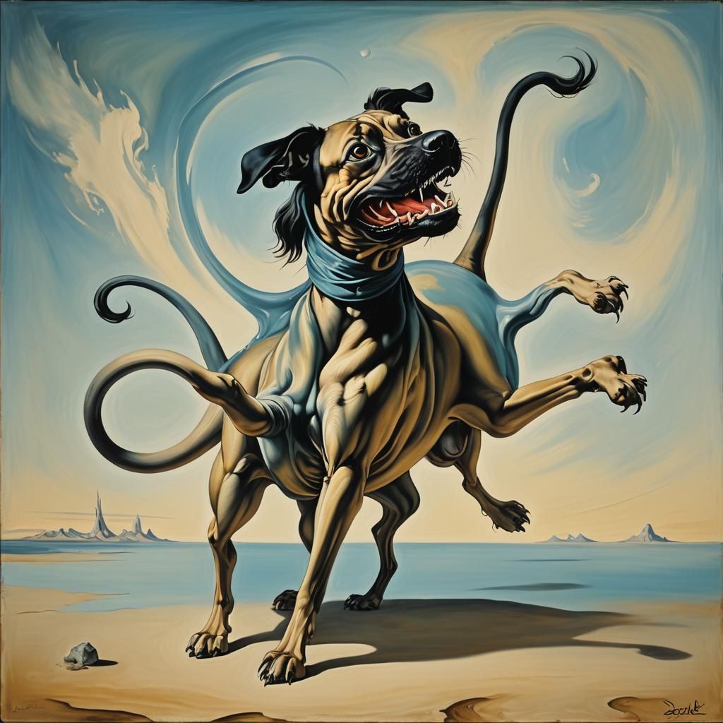 Dog Biting Tail: Surreal Oil Painting