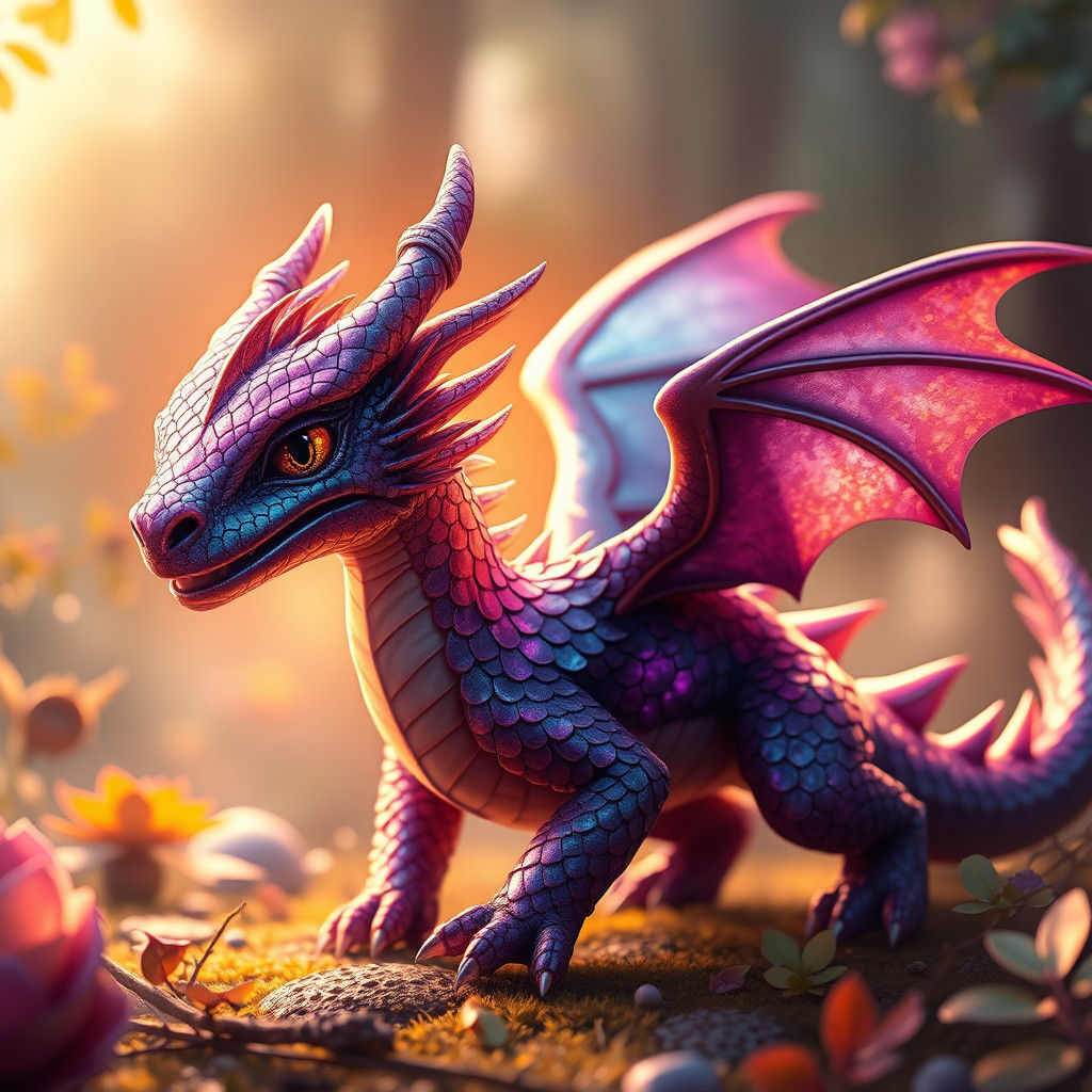 Iridescent Dragon Cub in a Magical Landscape