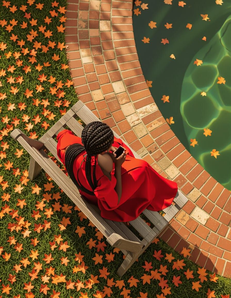 Woman on Bench in Autumn Garden with Pool