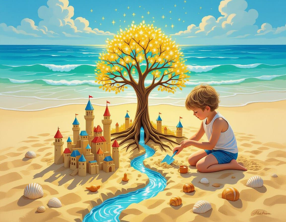 Child Builds Magical City on Sandy Beach