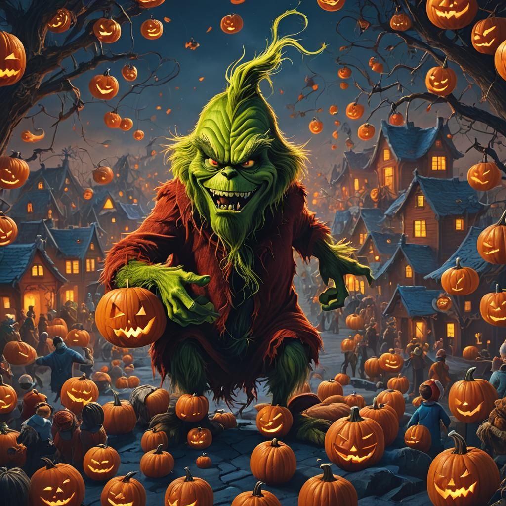 Grinch's Halloween Pumpkin Attack: A Fantasy Horror Scene