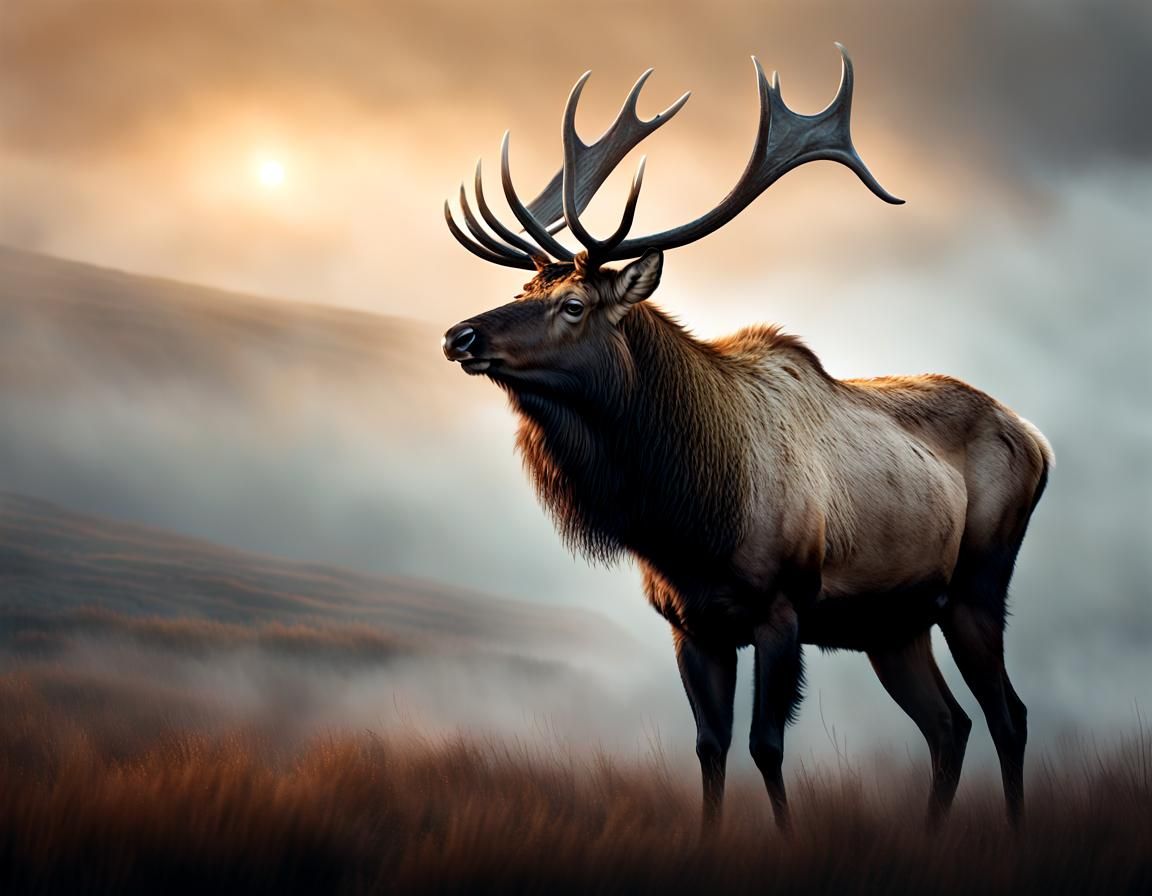 Elk on Misty Moors in Old Master Style