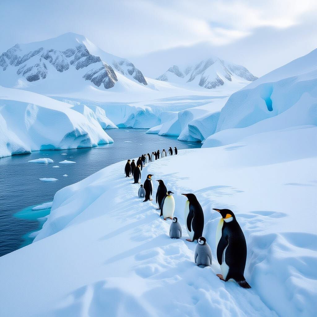Dramatic South Pole Landscape with Penguins in Blue and Whit...